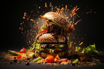Fresh Beef Burger Ingredients Falling and Landing in the Sesame Bun - Tasty Fast Food Shot