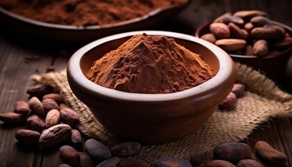 crude dark cocoa powder in a brown ceramic bowl. raw cocoa beans in the peel and raw chocolate.