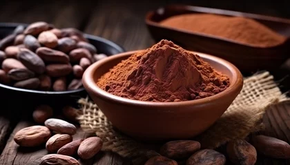  crude dark cocoa powder in a brown ceramic bowl. raw cocoa beans in the peel and raw chocolate. © kilimanjaro 