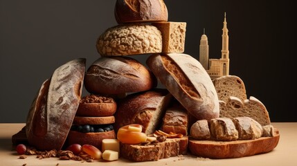 Different types of testy bread resembling the silhouette of the city. Homemade bread urbanism. Bakery Art - obrazy, fototapety, plakaty