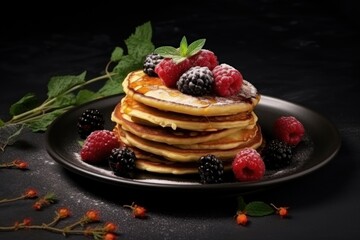  a stack of pancakes topped with raspberries and blackberries on a black plate with leaves and berries on the side of the plate, on a dark background.