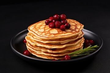  a stack of pancakes with cranberries on a black plate with a sprig of rosemary on top of the pancakes and some cranberries on the plate.