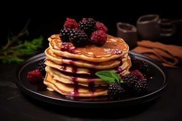  a stack of pancakes with raspberries and syrup on a black plate next to a cup of coffee and a leafy green sprig of blackberries.