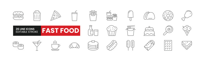 Set of 26 Fast Food line icons set. Fast Food outline icons with editable stroke collection. Includes Burger, Soda, Ice Cream, Hotdog, Pancakes, and More. - obrazy, fototapety, plakaty