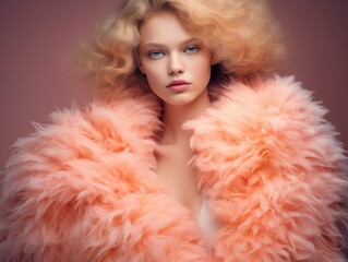 Peach Fuzz color beautiful professional fashion portrait, fantastic young woman model