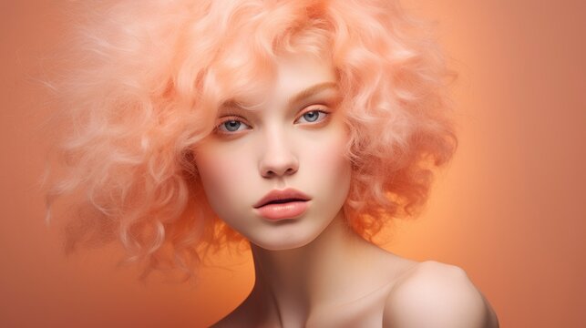 Peach Fuzz color professional fashion photo shot, lovely young woman model