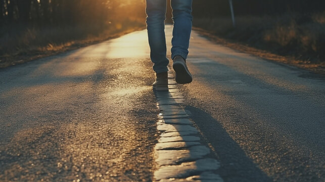 Partial image legs of a people walking away through a road 