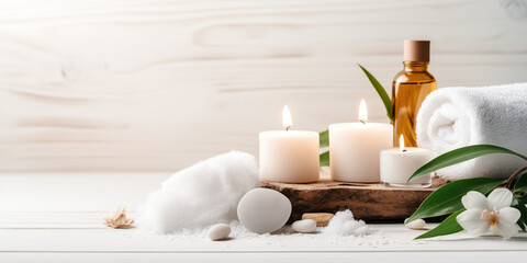 Spa Wellness Banner Background: Tranquil Setting with Candles, Towels, and Essential Oils - Wellness Retreat, Relaxation Concept, Aromatherapy Elements