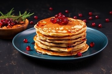  a stack of pancakes with cranberries on a blue plate next to a bowl of cranberries and a wooden bowl of cranberries on a black table.