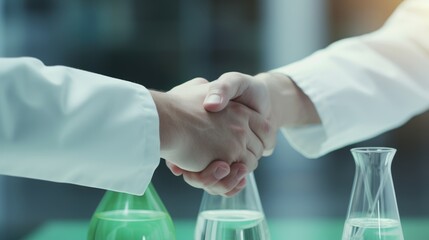 Business handshake in lab, signifying partnership in science and research.