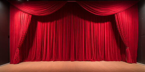 Grand Theater Stage Curtain Element: Majestic Red Drapery in Spotlight - Performing Arts Venue, Drama Performance, Classical Theatre, Elegant Backdrop, Cultural Event Space, Showtime Atmosphere - obrazy, fototapety, plakaty