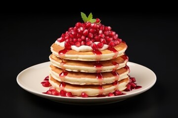  a stack of pancakes with pomegranates on top of them on a white plate on a black surface with a green leaf on top of the pancakes.