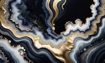 modern art. watercolor geode painting. black, white, golden and gray background, Generative AI - obrazy, fototapety, plakaty