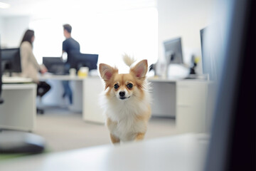Small dog in office with working people in blurry background.