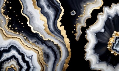 modern art. watercolor geode painting. black, white, golden and gray background, Generative AI - obrazy, fototapety, plakaty
