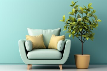  a blue chair next to a potted plant in a room with a light blue wall and a light blue chair with a light blue back and yellow throw pillows.