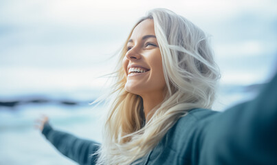 Happy blonde woman, taking selfie shot, motivation and wellness, peace and hope. Smile female, optimism , dream and success  concepts - obrazy, fototapety, plakaty