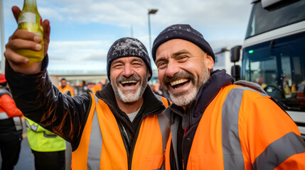 Group of workers on a construction site rejoicing with arms raised. Happy construction workers celebrating