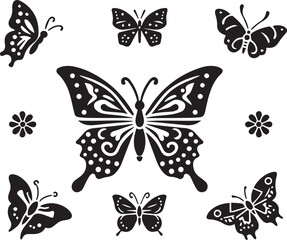 Silhouette Solid Vector Icon Set Of butterflies, Moth, Lepidopteran, Insect, Papillon.