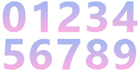Set of pink and purple numbers isolated on white. Alphabet with numbers. Vector graphic elements for design. Zigzag lines, wavy lines
