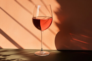 Glass of wine with shadow on wall background