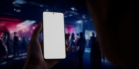 Caucasian woman holding phone, night club in the background, blank screen mockup