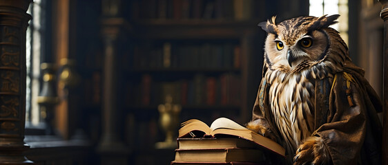 Professor owl reading in a library.