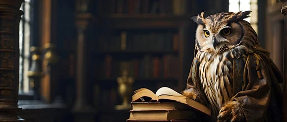 Papier Peint photo Lavable Dessins animés de hibou Professor owl reading in a library.