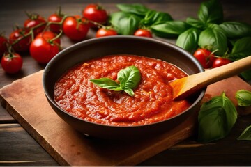 Classic homemade Italian tomato sauce with basil for pasta and pizza. Fresh tomato pasta sauce - obrazy, fototapety, plakaty