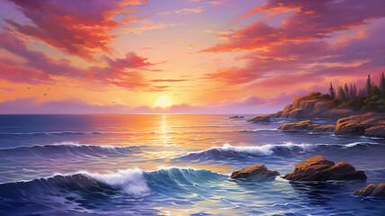 A picturesque scene of an incredible sea sunset, where the sky is ablaze with hues of orange and purple, and the calm sea reflects the breathtaking colors