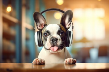 Adorable French Bulldog with Headphones on Wooden Table