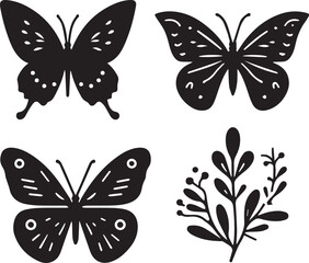 Silhouette Solid Vector Icon Set Of butterflies, Moth, Lepidopteran, Insect, Papillon.