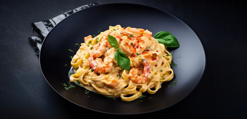Italian pasta fettuccine or spaghetti in a cheese sauce with shrimp on a black plate. shrimp pasta.