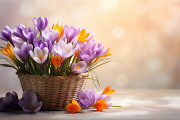 beautiful spring crocus flowers in wicker basket