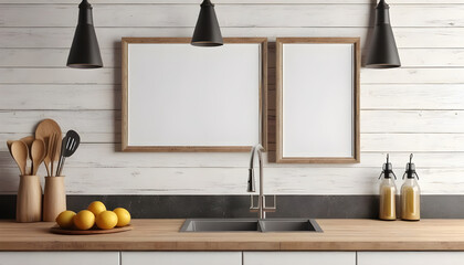 Frame-mockup-in-farmhouse-kitchen-interior-background,-3d-render