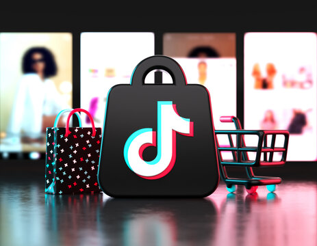 Valencia, Spain - December, 2023: TikTok Shop icon with shopping cart and bag 3D render. Tik tok shop is an e-commerce integrated within TikTok for merchants and creators to showcase and sell products