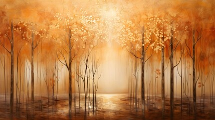 Autumn forest background with falling leaves. 3d render illustration.