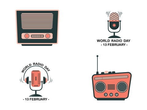 Collection of vector icons of DJ, music studio host, podcast. Vector illustration for World Radio Day. Colored radio station logo.