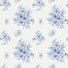 Blue floral Seamless vector vintage pattern flowers of Clematis on beige. Hand drawn elements. Elegant floral background Textiles, paper, wallpaper decoration - obrazy, fototapety, plakaty