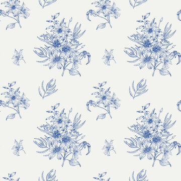 Blue floral Seamless vector vintage pattern flowers of Clematis on beige. Hand drawn elements. Elegant floral background Textiles, paper, wallpaper decoration
