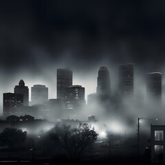 Cityscape in the fog. Black and white image. 3D rendering.