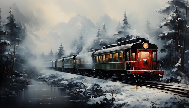 Train in the winter forest. Panoramic image of a train.