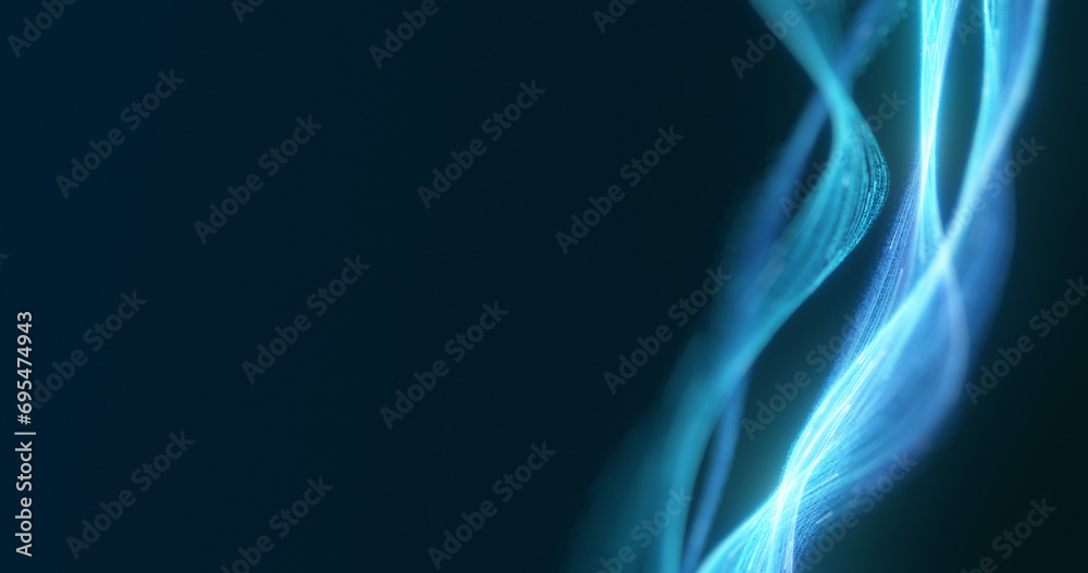 Poster a glowing blue wave flows dynamically across a deep blue background, exemplifying advanced technolog