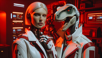 Vision of the future with a humanoid dinosaur and a woman from the future