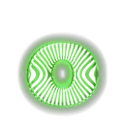 White symbol with ultra thin green luminous vertical straps. letter o
