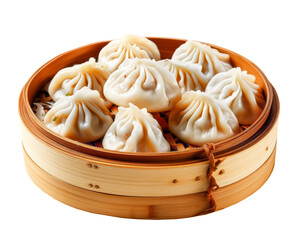 Chinese dumplings in bamboo steamer isolated on a transparent background