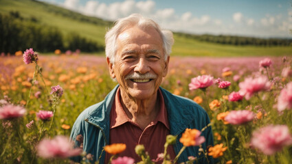 Bel signore pensionato di 80 anni felice in un prato fiorito pieno di fiori colorati in primavera - obrazy, fototapety, plakaty