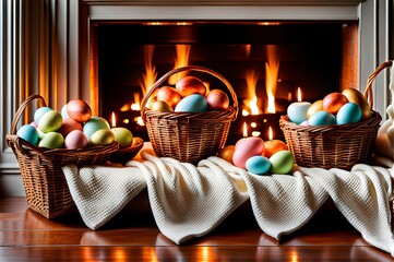 Fototapeta na wymiar A cozy fireplace scene: Easter baskets, fluffy blankets, and the flicker of pastel candles.