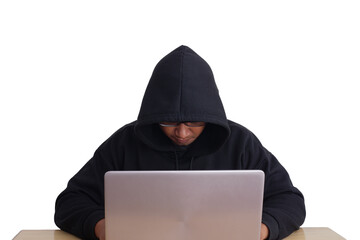 A hacker wearing a hoodie and goggles is hacking into his victims' financial systems. Gray...
