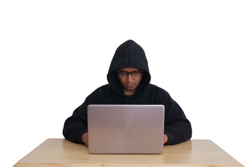 A hacker wearing a hoodie and goggles is hacking into his victims' financial systems. Gray...